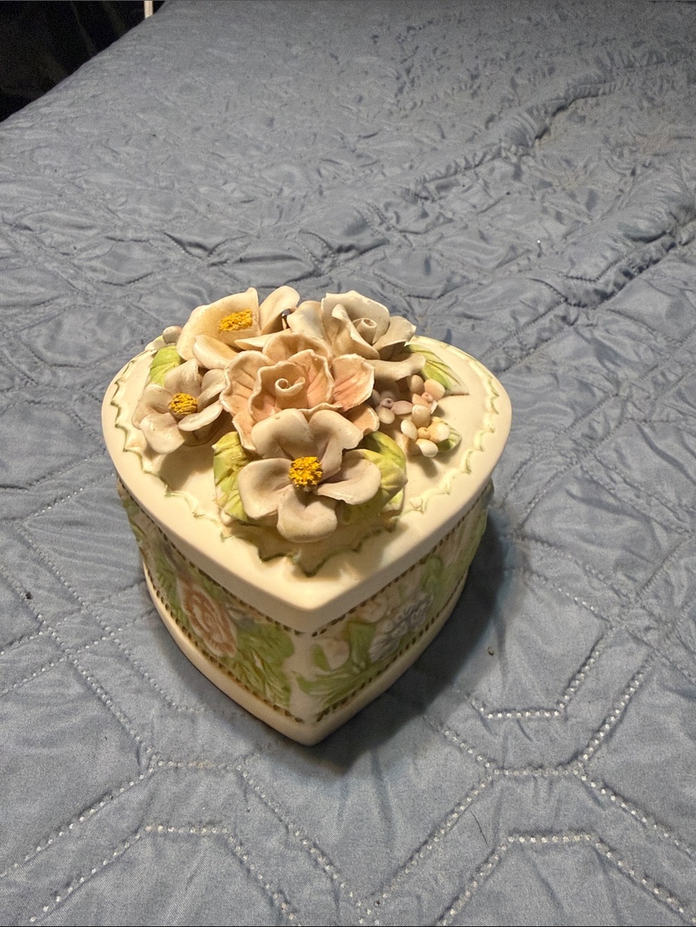 Ceramic Heart Trinket Box with Floral Accents - Ivory and Pastel